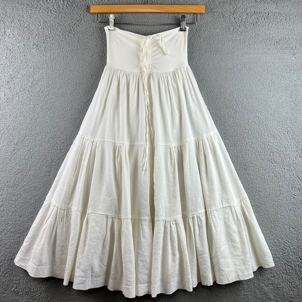 Theory White Strapless Tiered Midi Skirt Dress Ruched Tie Front Boho Summer